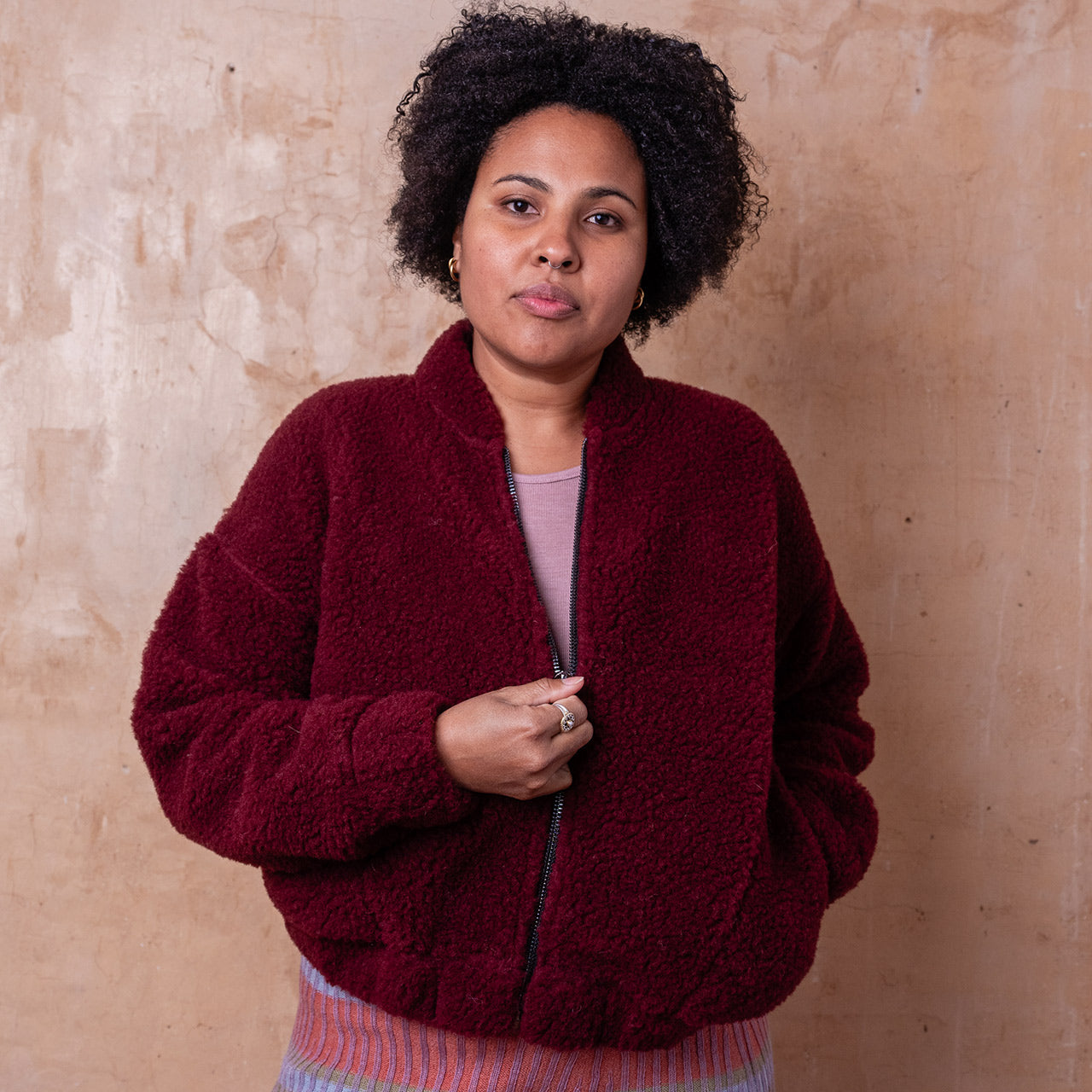 Women's Plush Bomber Jacket - 100% Wool - Cherry Liqueur