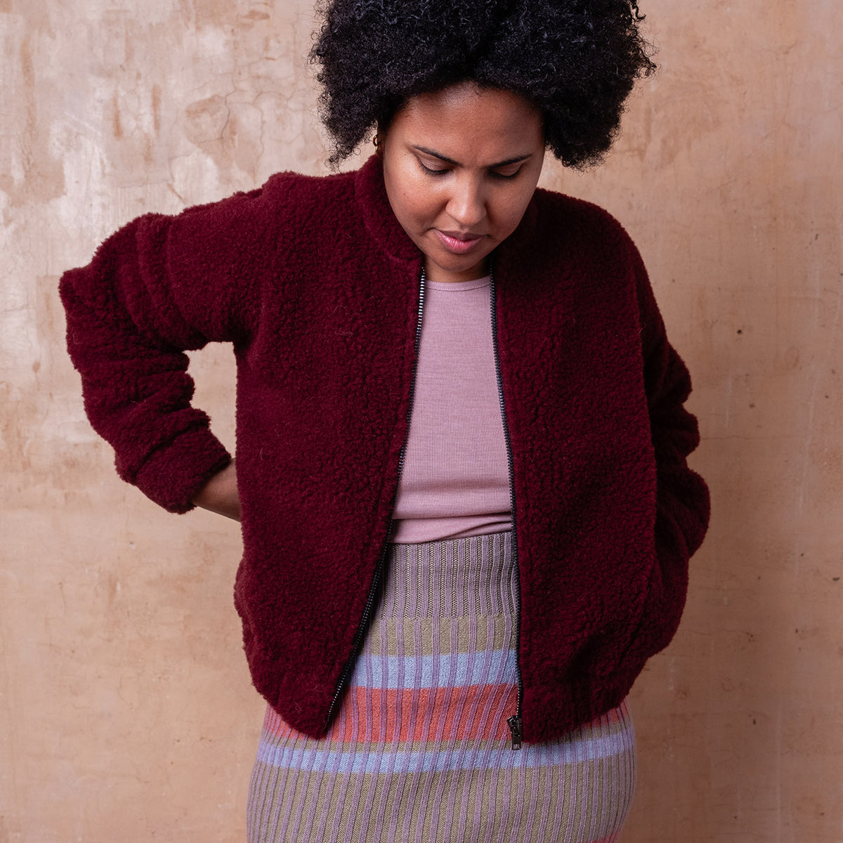 Women's Plush Bomber Jacket - 100% Wool - Cherry Liqueur