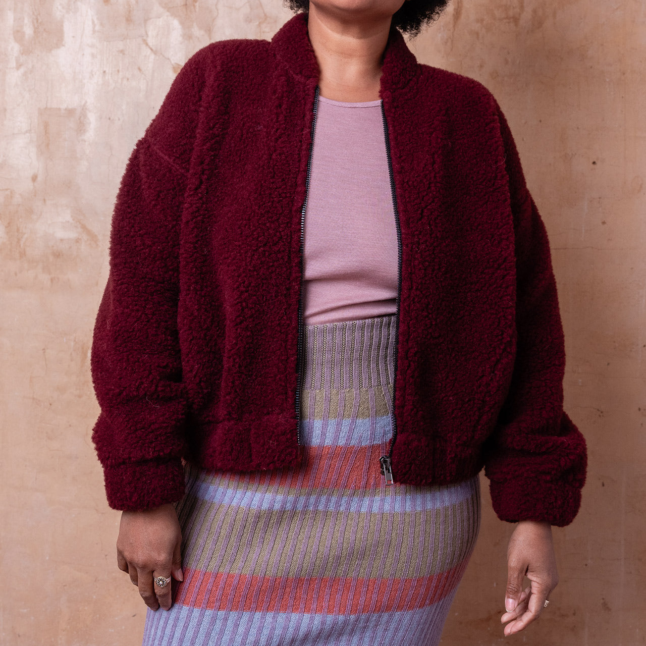 Women's Plush Bomber Jacket - 100% Wool - Cherry Liqueur