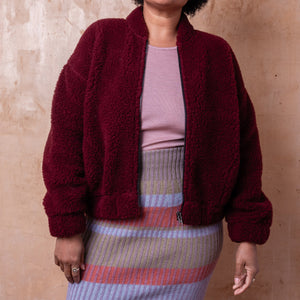 Women's Plush Bomber Jacket - 100% Wool - Cherry Liqueur