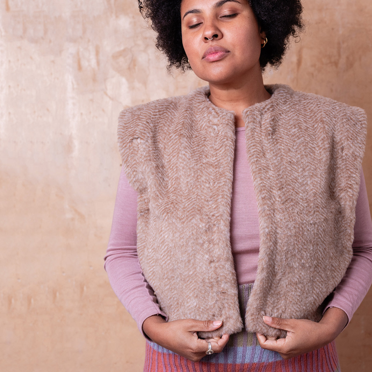 Women's Fleece Vest - 100% Wool - Herringbone Camel (XS-L)