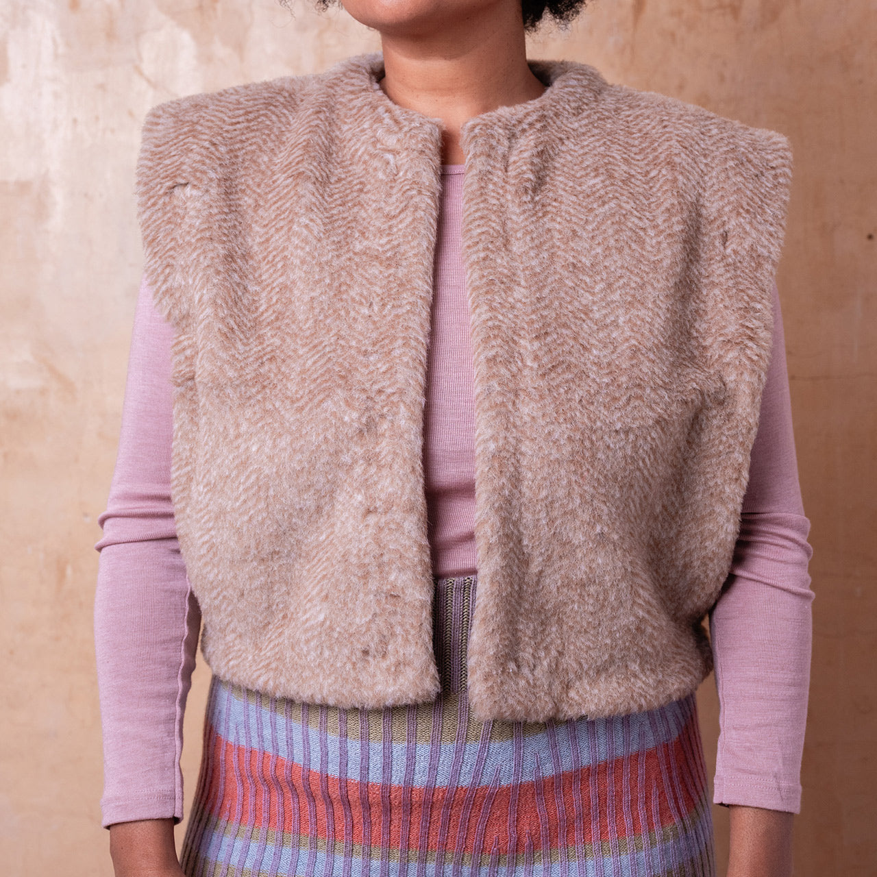 Women's Fleece Vest - 100% Wool - Herringbone Camel (XS-L)
