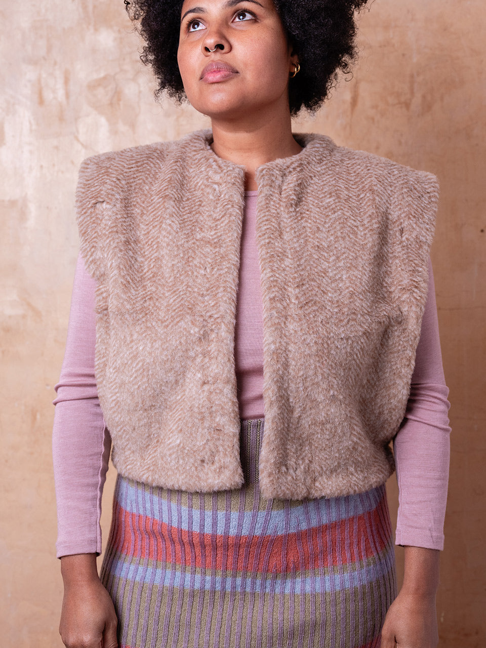 Women's Fleece Vest - 100% Wool - Herringbone Camel (XS-L)