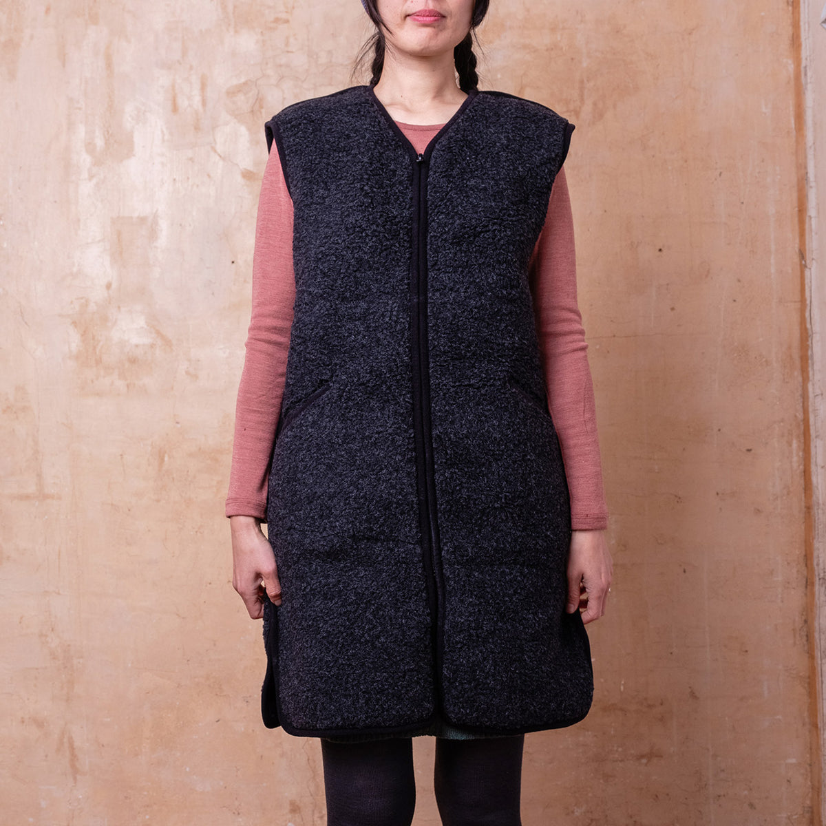 Womens Long Zip Vest  - Wool Fleece - Black