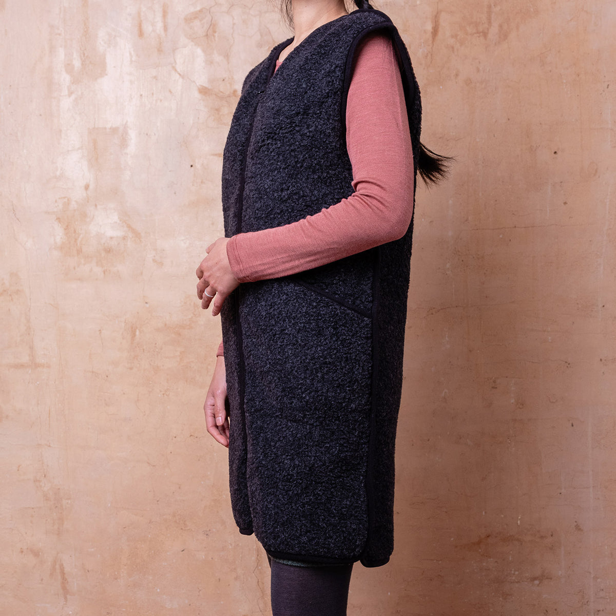 Womens Long Zip Vest  - Wool Fleece - Black