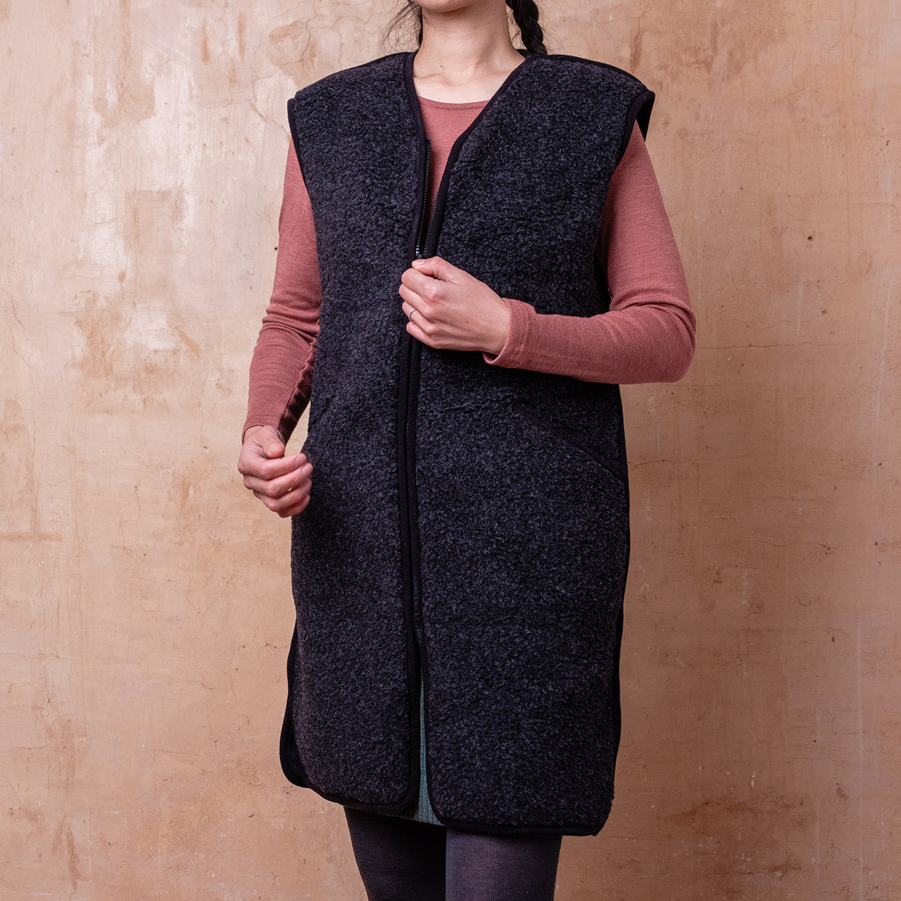 Womens Long Zip Vest  - Wool Fleece - Black