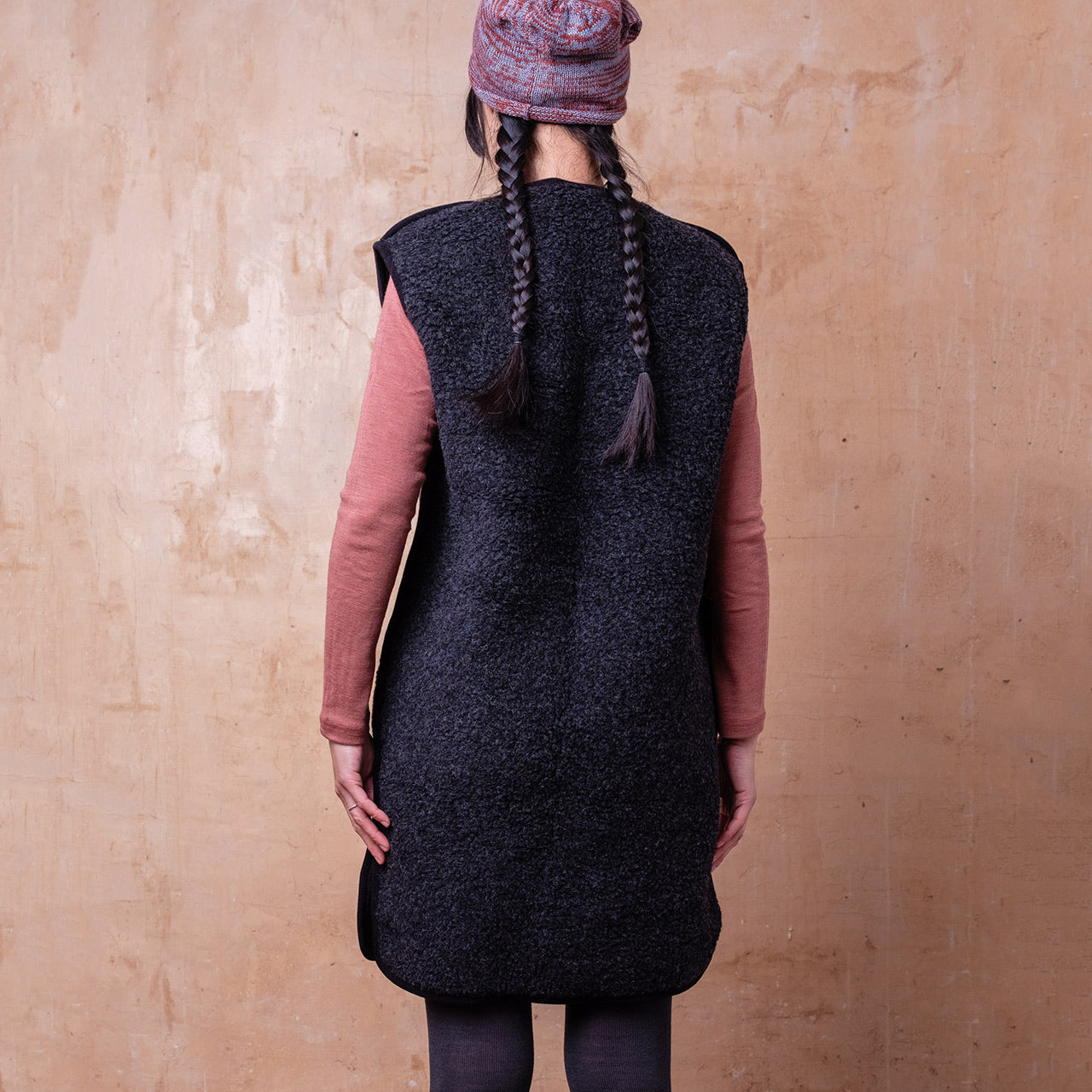 Womens Long Zip Vest  - Wool Fleece - Black