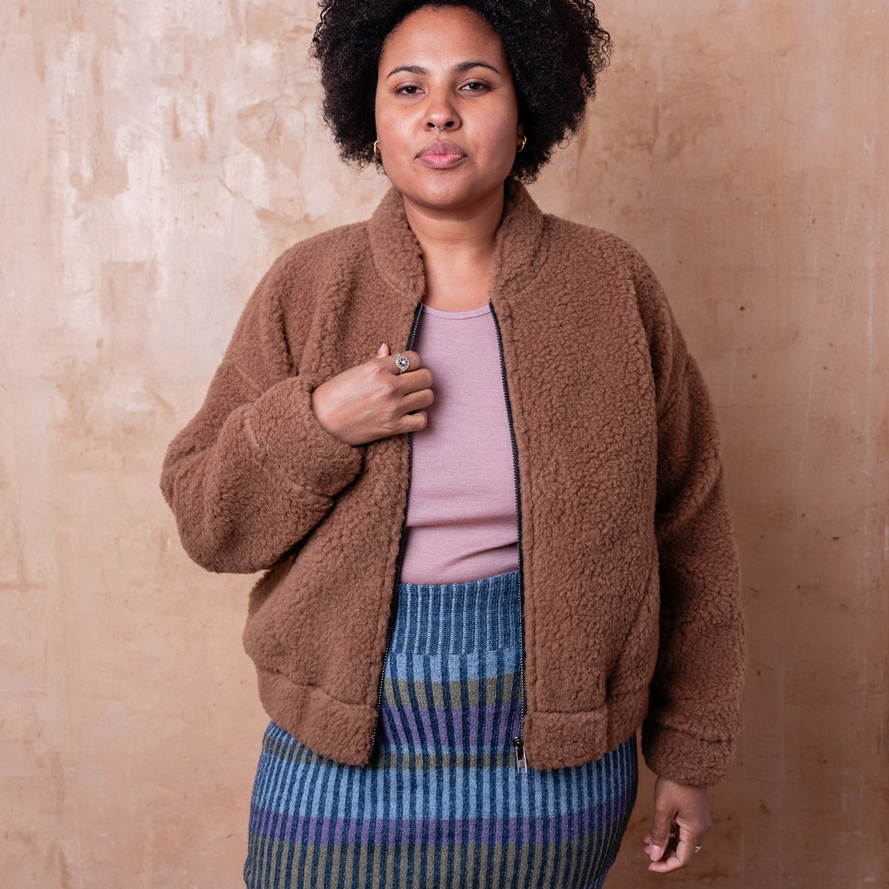 Women's Plush Bomber Jacket - 100% Wool - Teddy Brown