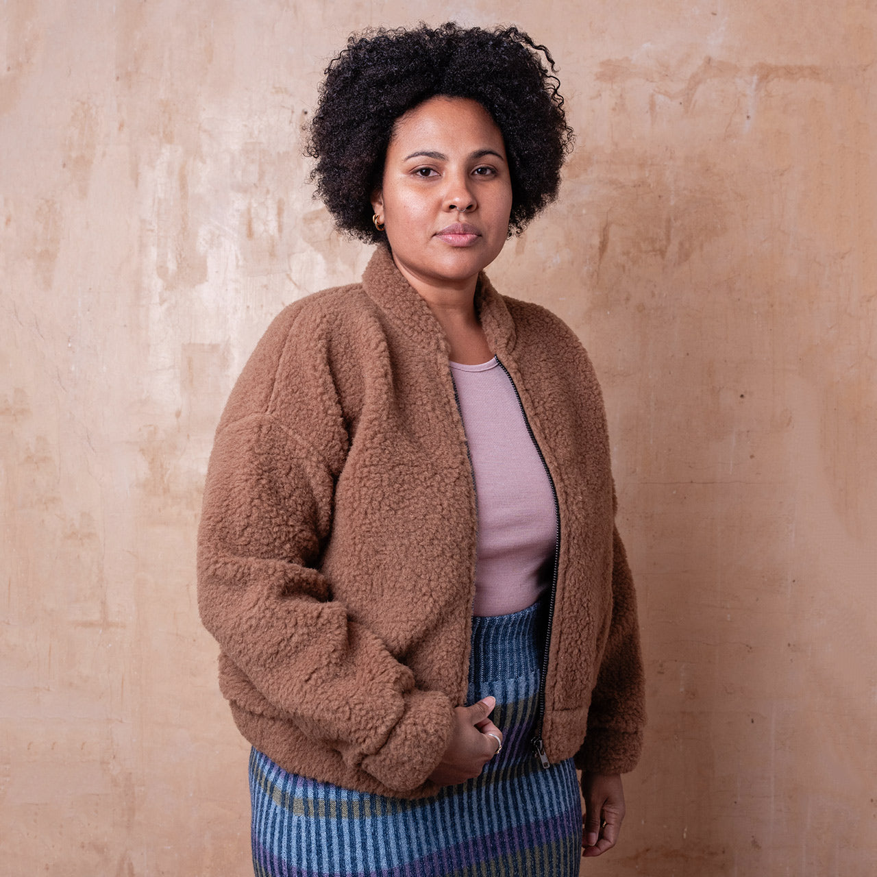 Women's Plush Bomber Jacket - 100% Wool - Teddy Brown