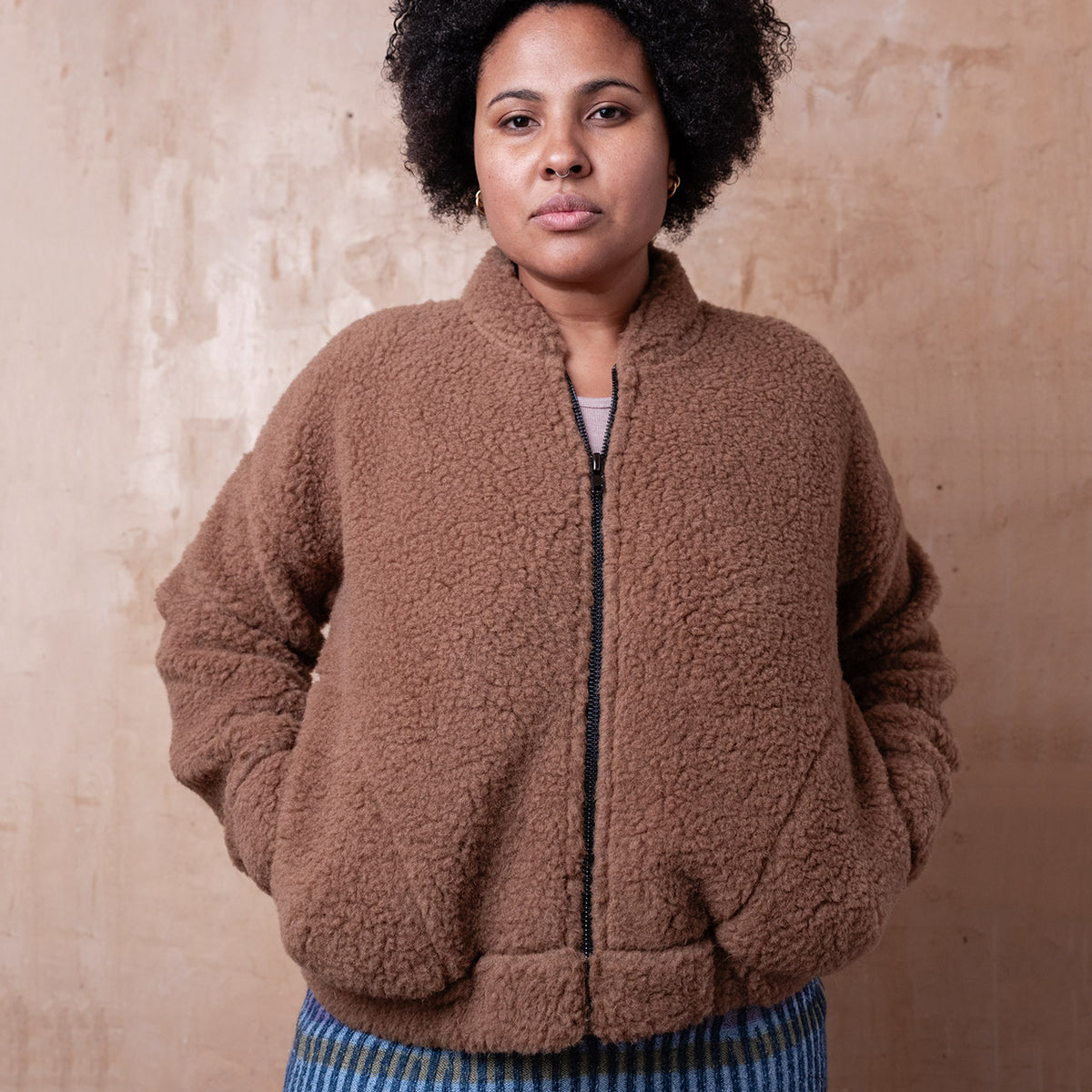 Women's Plush Bomber Jacket - 100% Wool - Teddy Brown