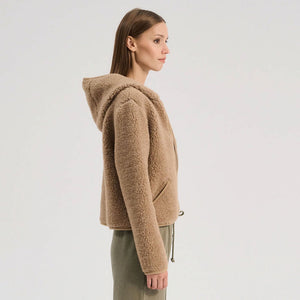 Women's Plush Hooded Jacket - 100% Wool - Tan (S, M, L)