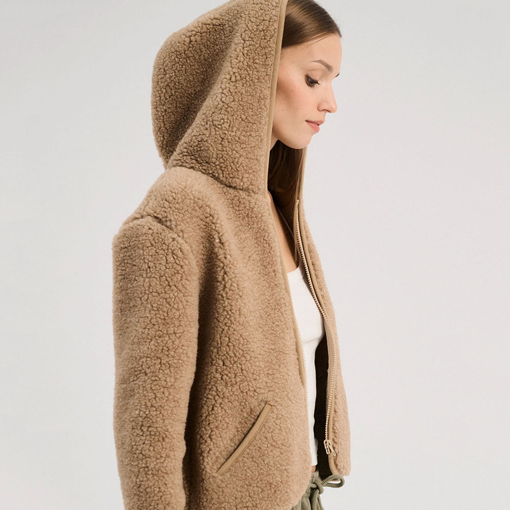 Women's Plush Hooded Jacket - 100% Wool - Tan (S, M, L)