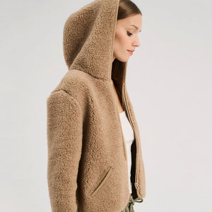 Women's Plush Hooded Jacket - 100% Wool - Tan (S, M, L)