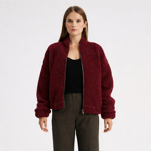 Women's Plush Bomber Jacket - 100% Wool - Cherry Liqueur (XS-L) *Pre-Order