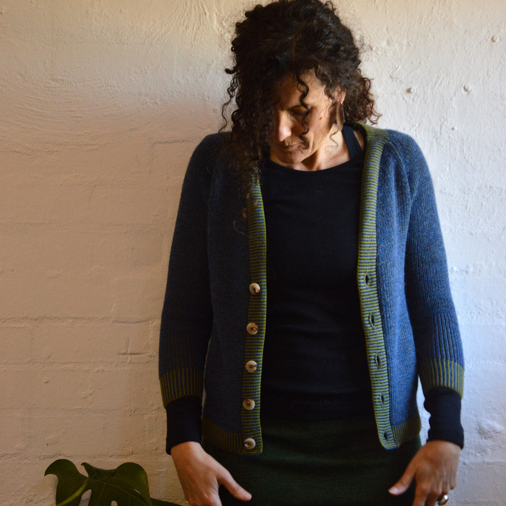 Brioche Cardigan - Alpaca/Cotton - Indigo/Avocado (9-12y+ Women 8-10) *Last One!