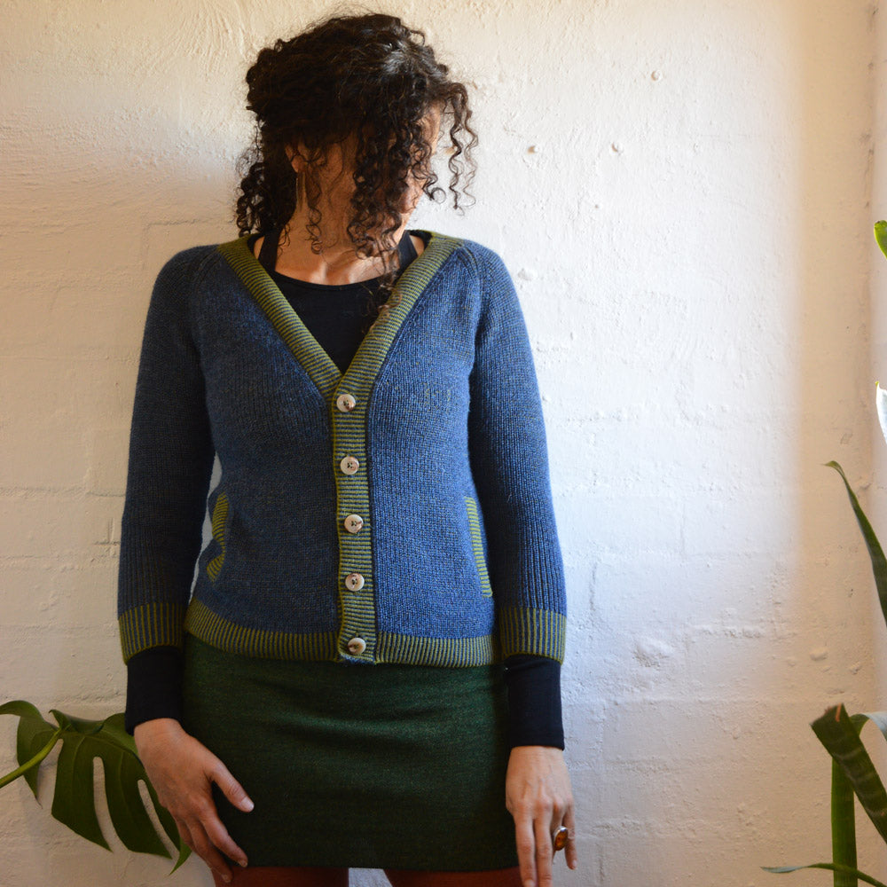 Brioche Cardigan - Alpaca/Cotton - Indigo/Avocado (9-12y+ Women 8-10) *Last One!