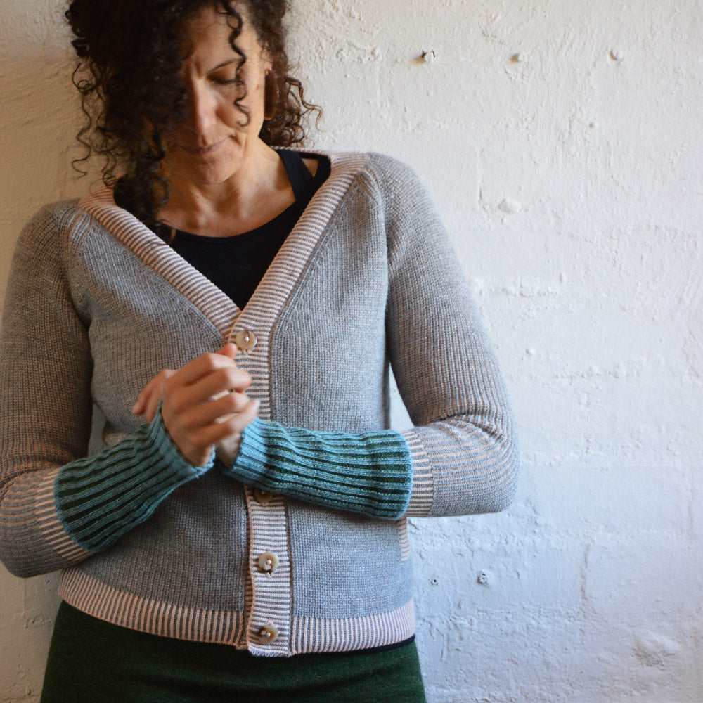 Brioche Cardigan - Alpaca/Cotton - Grey/Peach (9-12y+ Women 8-10)