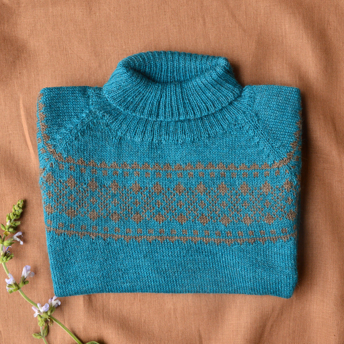 Alpine High Neck Sweater - 100% Baby Alpaca - Turquoise (18m-5y)