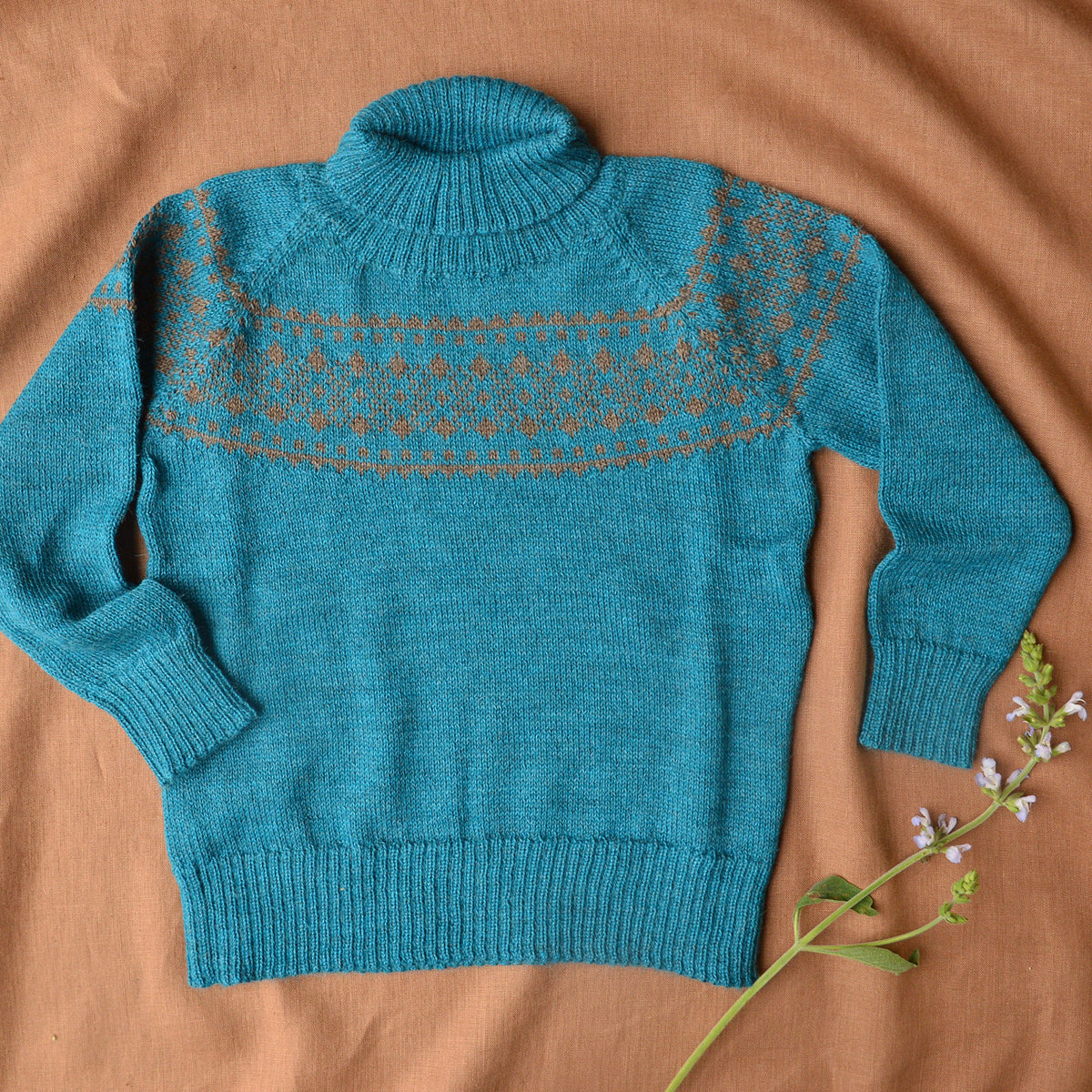 Alpine High Neck Sweater - 100% Baby Alpaca - Turquoise (18m-5y)