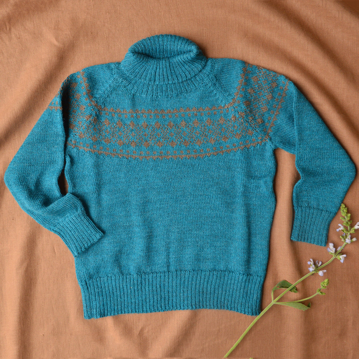 Alpine High Neck Sweater - 100% Baby Alpaca - Turquoise (18m-5y)