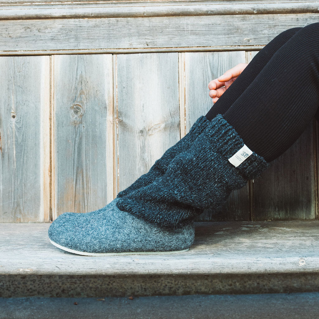 Nadia Slipper Boots - Wool Felt with Hand Knitted Cuff (Adults 36-42)