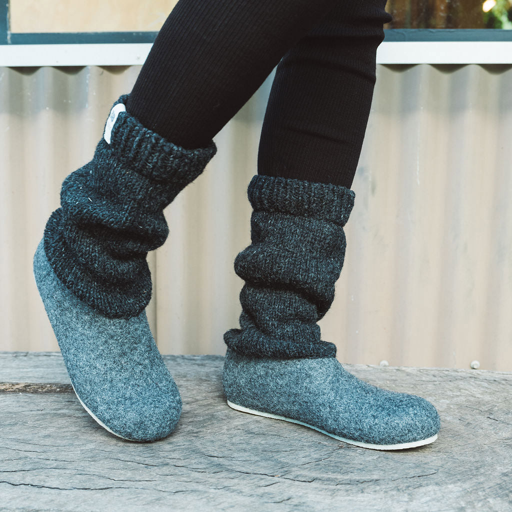 Nadia Slipper Boots - Wool Felt with Hand Knitted Cuff (Adults 36-42)