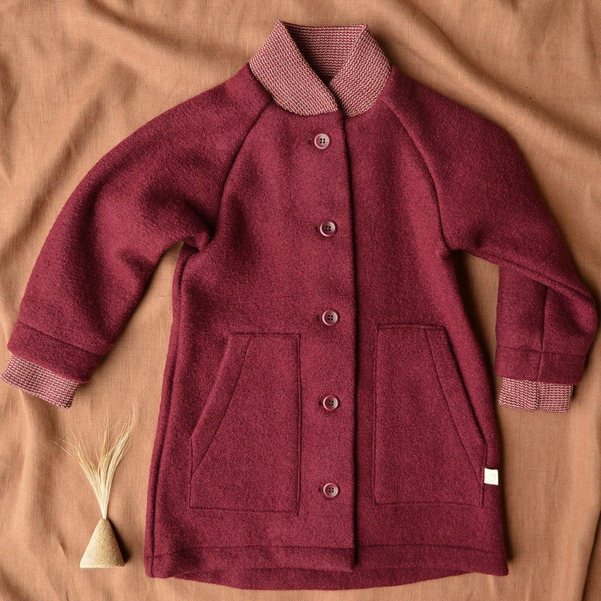 Kids Boiled Wool Long Coat - Cassis (3-10y)