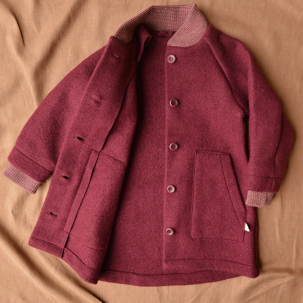 Kids Boiled Wool Long Coat - Cassis (3-10y)