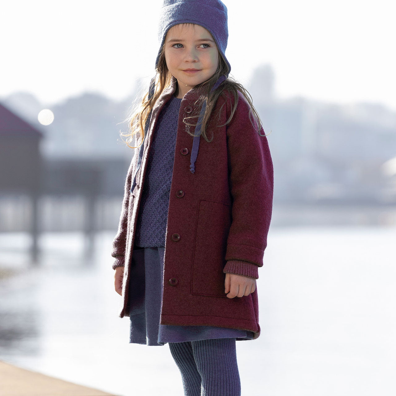 Kids Boiled Wool Long Coat - Cassis (3-10y)