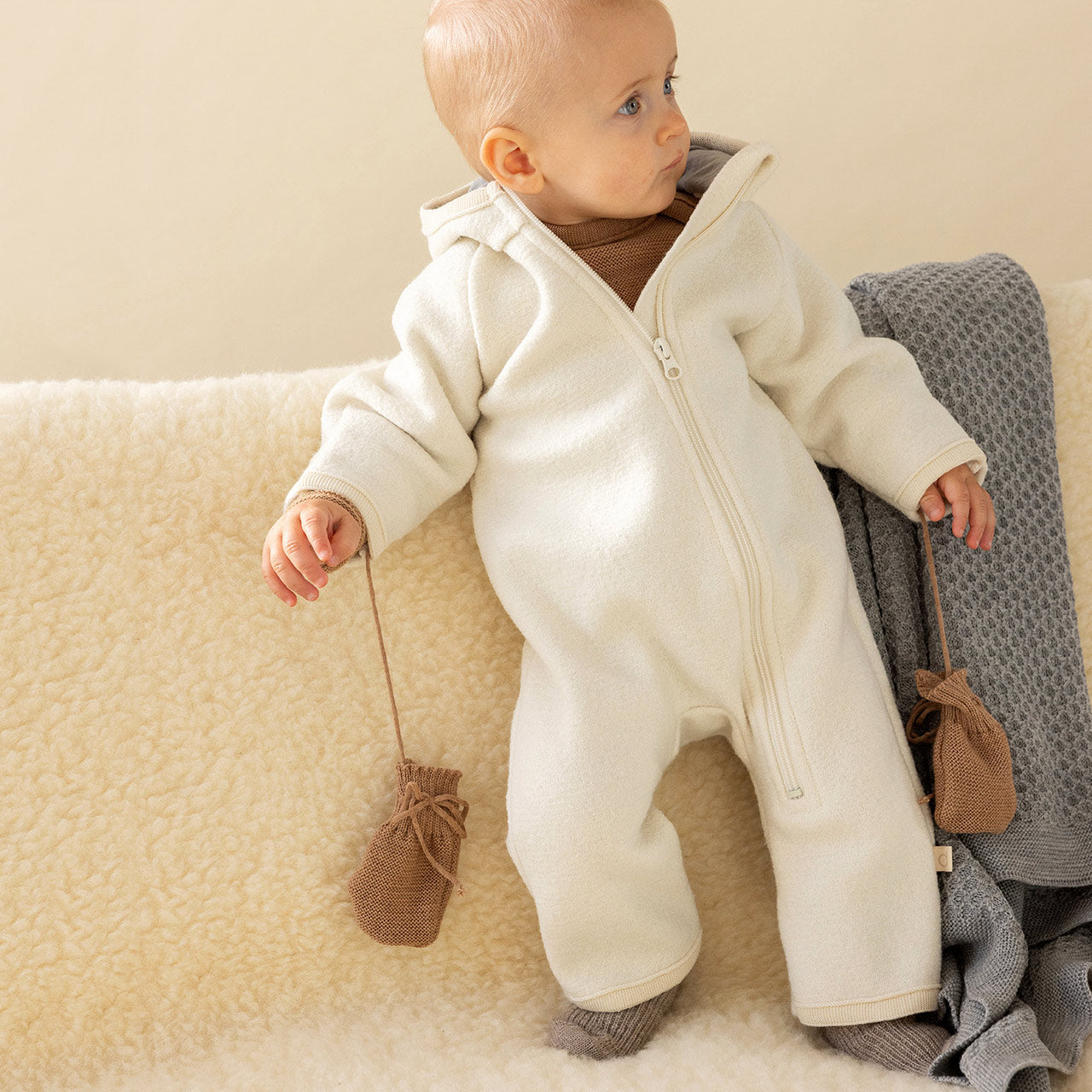 Baby Zip Overalls - Organic Boiled Wool - Natural (0-6m)