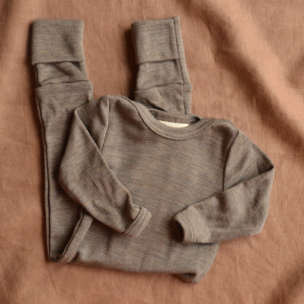 Baby Footless Sleep Suit Onesie - Organic Wool/Silk - Walnut (0-24m)