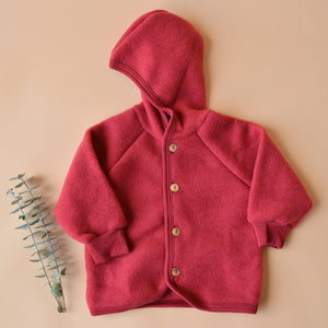 Hooded Jacket in Organic Wool Fleece with Buttons (0-6y)