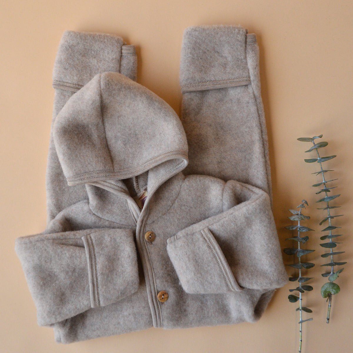 Hooded Baby Overall - 100% Organic Wool Fleece - Sand (0-24m) *Returning 2026