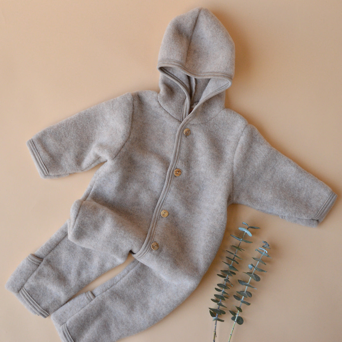 Hooded Baby Overall - 100% Organic Wool Fleece - Sand (0-24m) *Returning 2026