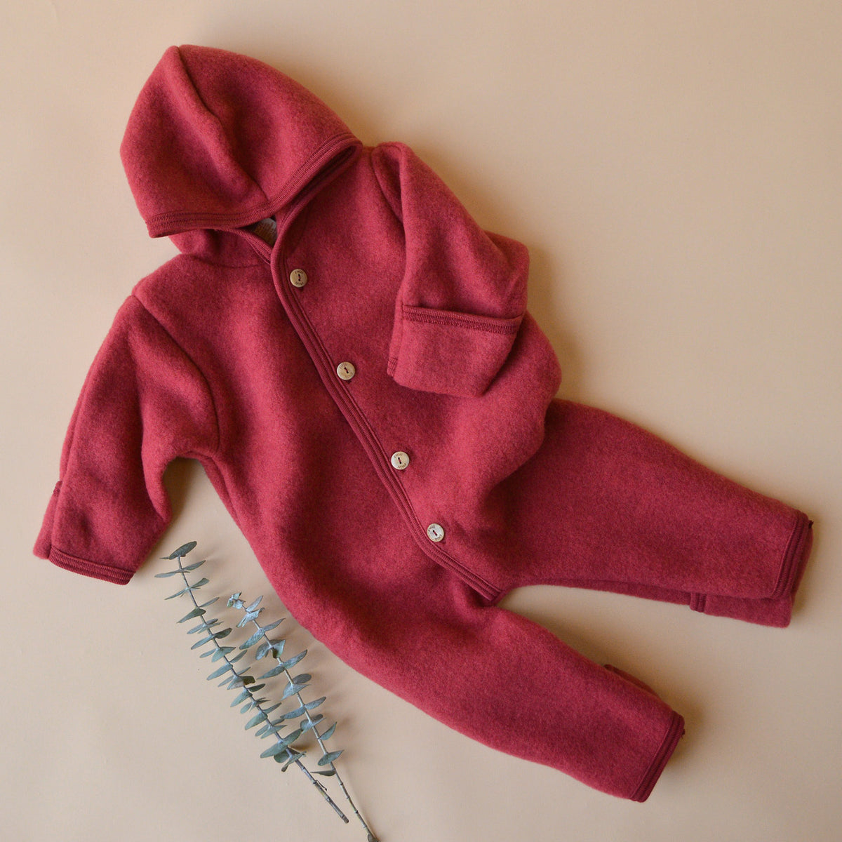 Hooded Baby Overall - 100% Organic Wool Fleece - Jasper (0-24m)