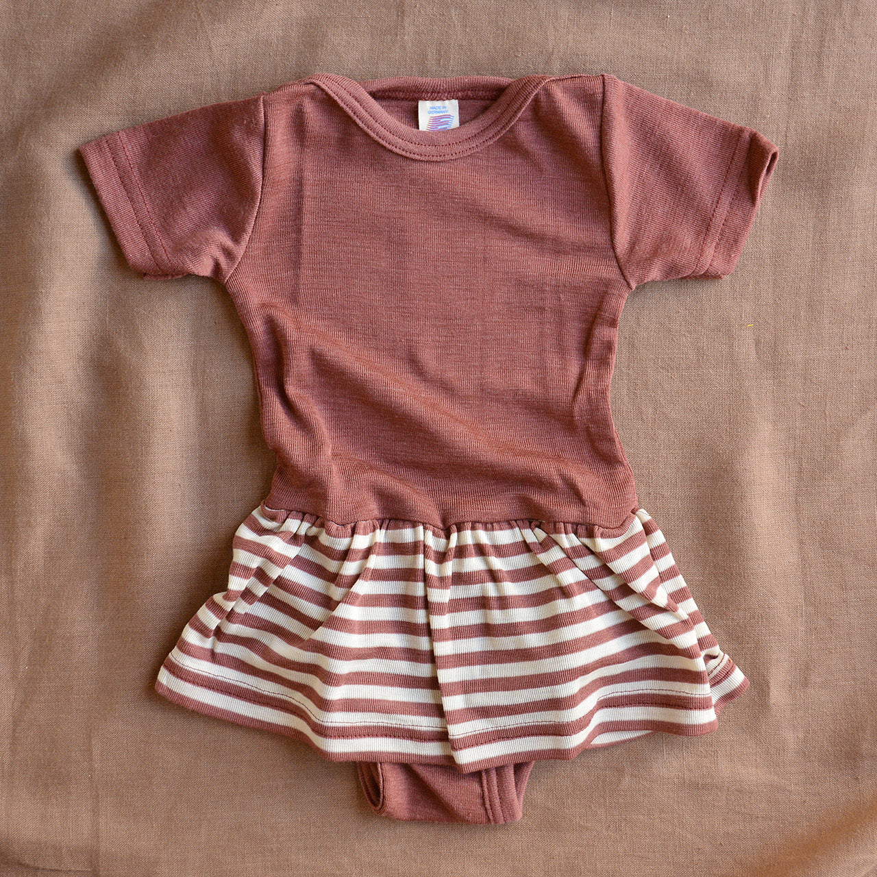 Baby Body Short Sleeve with Striped Skirt - Organic Merino/Silk - Copper (0-12m) *Limited Edition