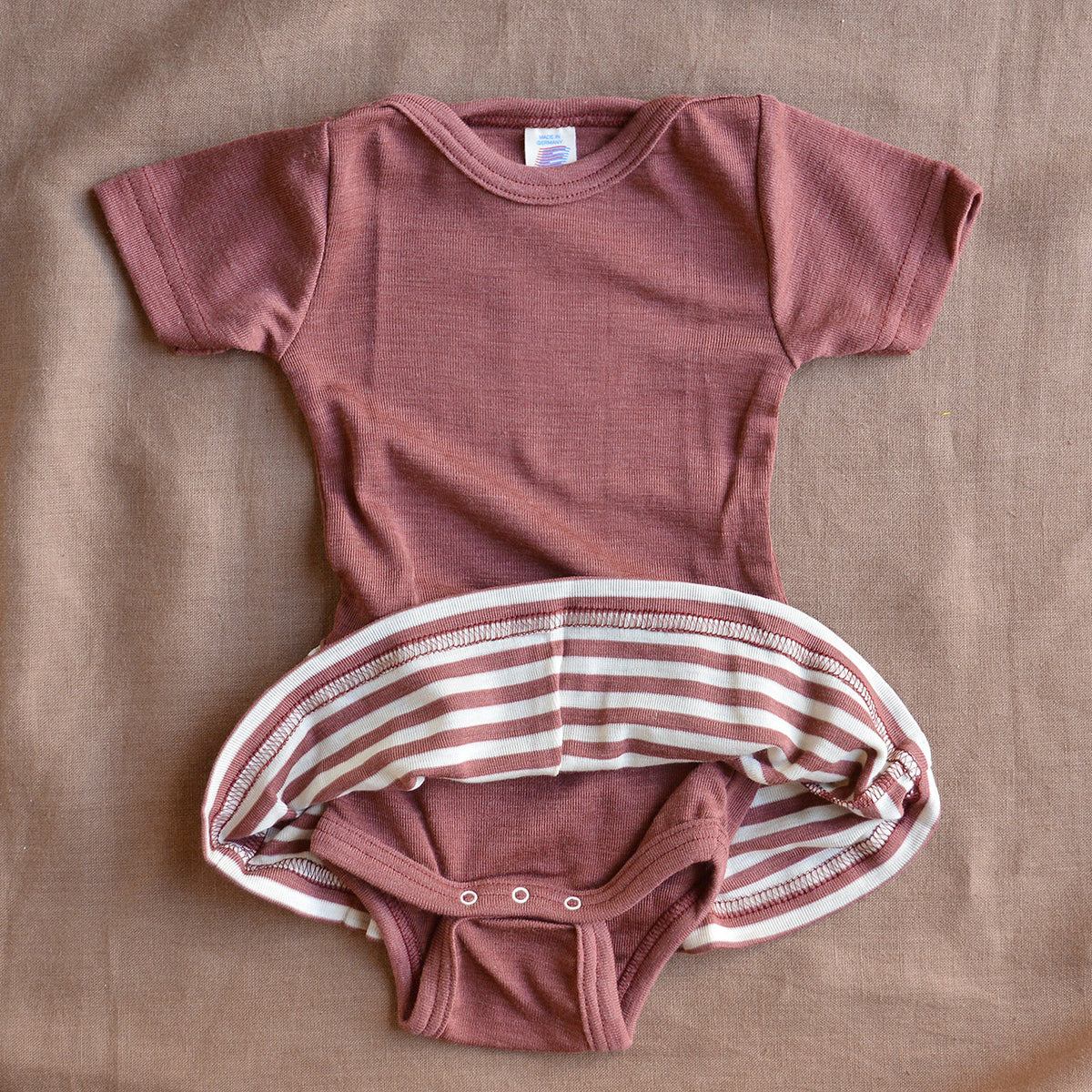 Baby Body Short Sleeve with Striped Skirt - Organic Merino/Silk - Copper (0-12m) *Limited Edition