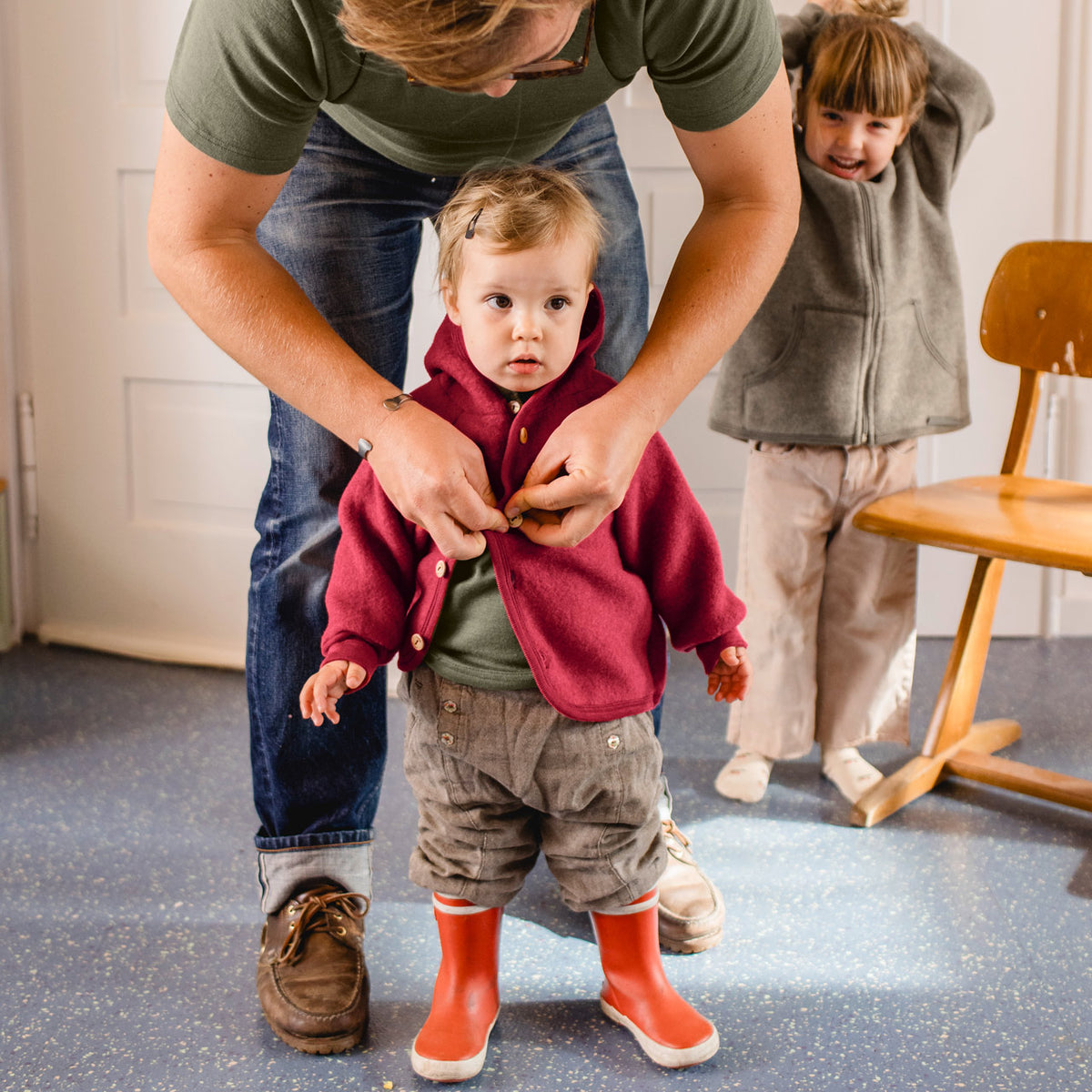 Hooded Jacket  with Buttons - 100% Organic Wool Fleece (0-6y)