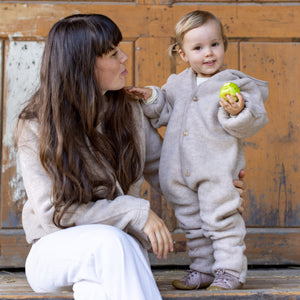 Hooded Baby Overall - 100% Organic Wool Fleece - Sand (0-24m)