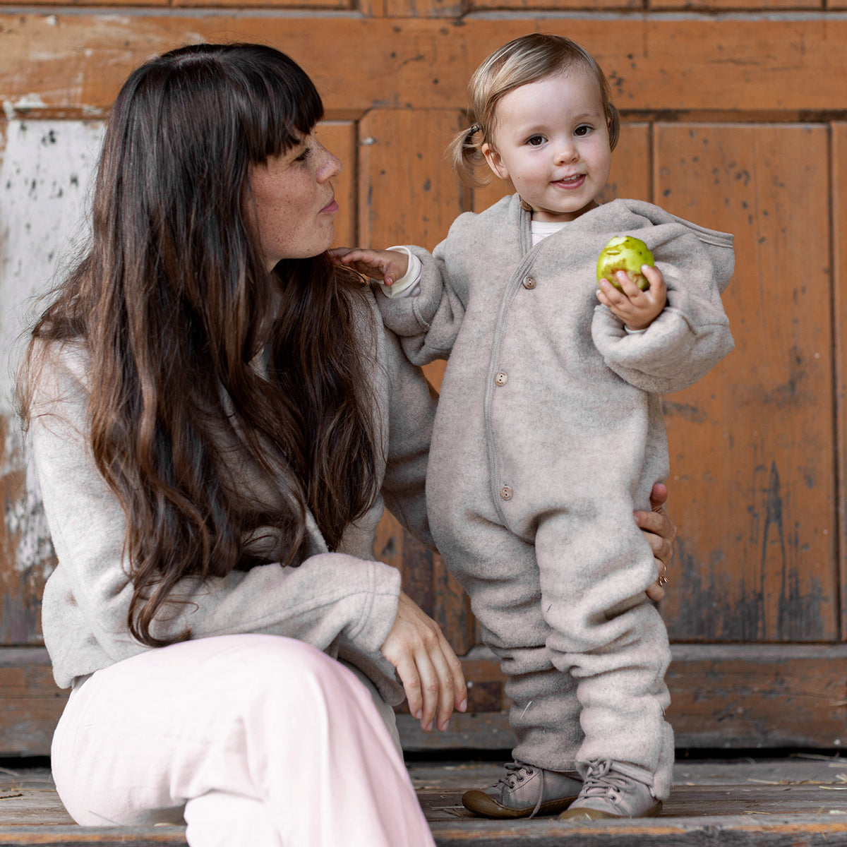 Hooded Baby Overall - 100% Organic Wool Fleece - Sand (0-24m) *Returning 2026