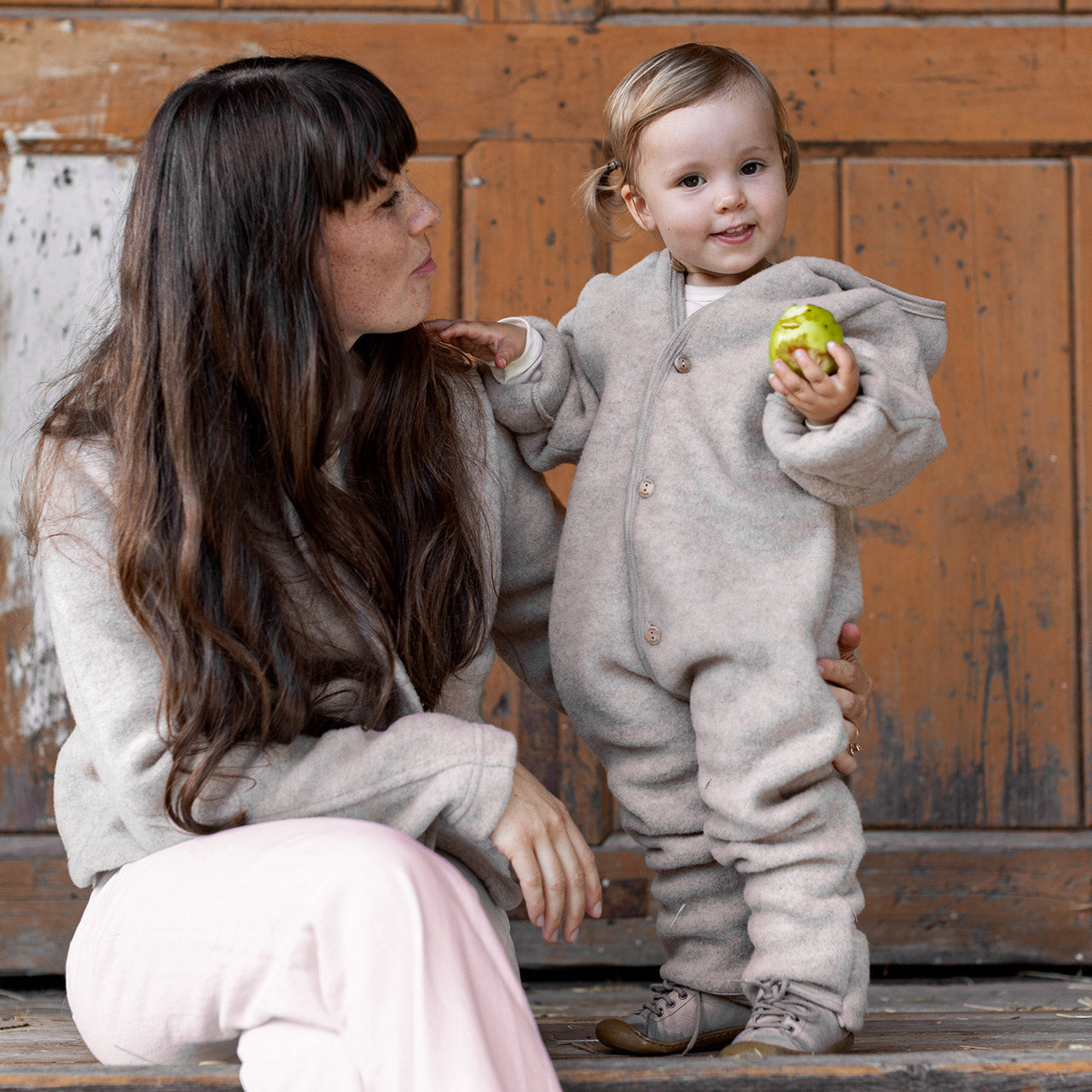 Hooded Baby Overall - 100% Organic Wool Fleece - Sand (0-24m)