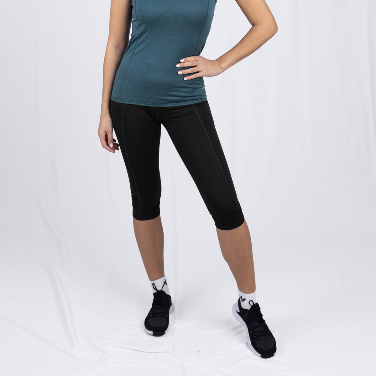 Sports Leggings 3/4 Length - Organic Merino/Silk - Black (Women's S-XL)