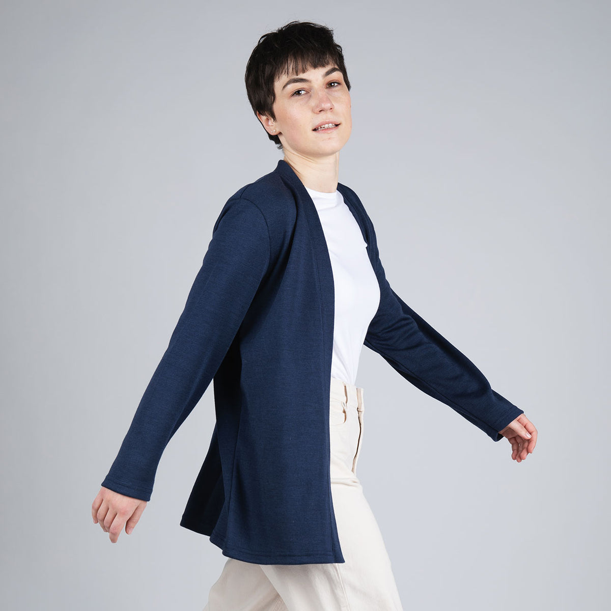 Womens Open Cut Cardigan - Organic Merino/Silk - French Navy (XS-L)