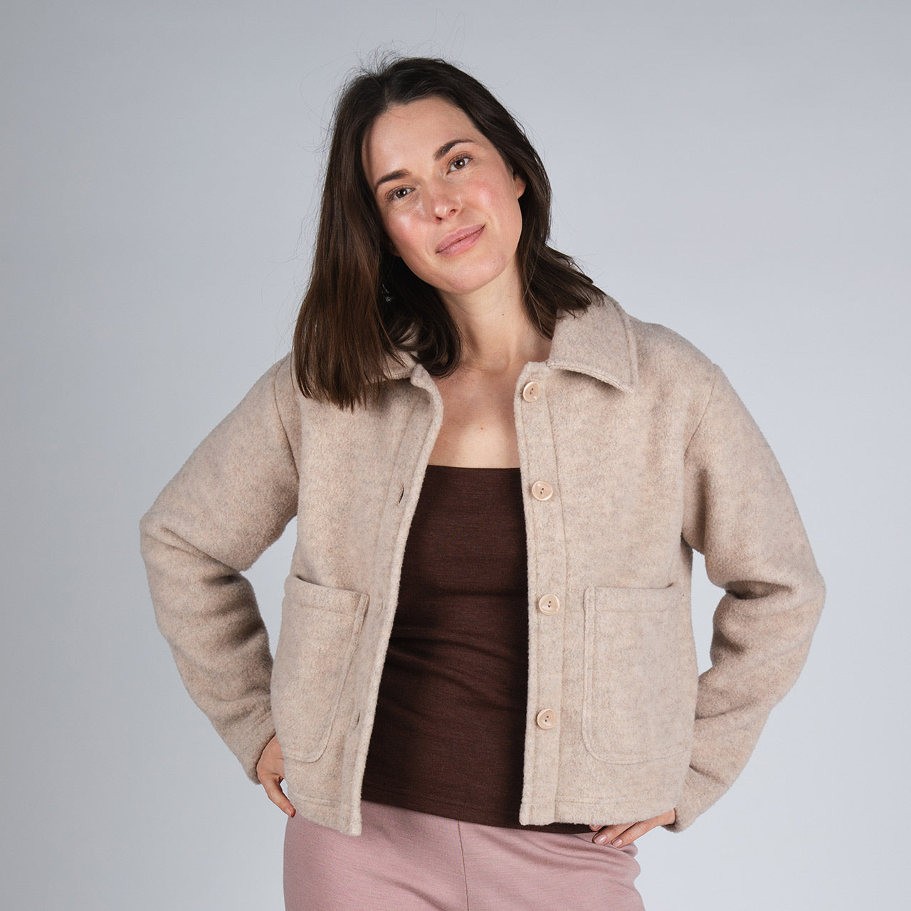 Women's Short Jacket - 100% Organic Wool Fleece - Sand