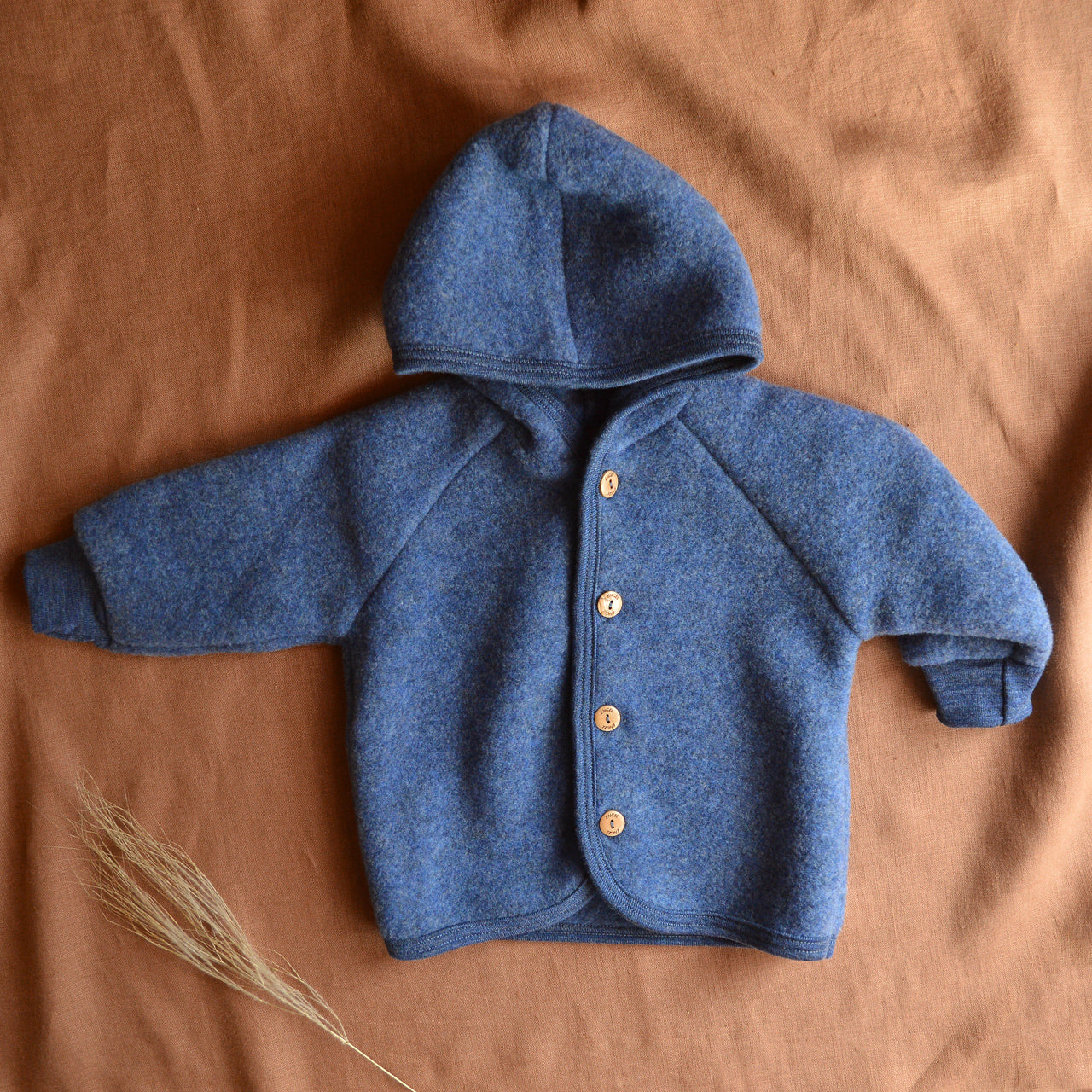 Hooded Jacket in Organic Wool Fleece with Buttons - Blue (3-6m) *Last One!