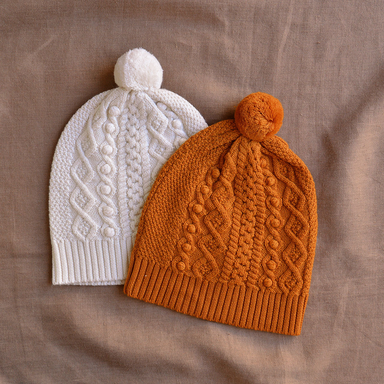 Aran Knit Pom Pom Beanie - 100% Merino (Child-Adults)