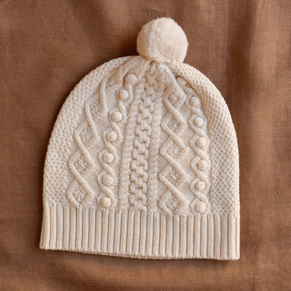 Aran Knit Pom Pom Beanie - 100% Merino (Child-Adults)