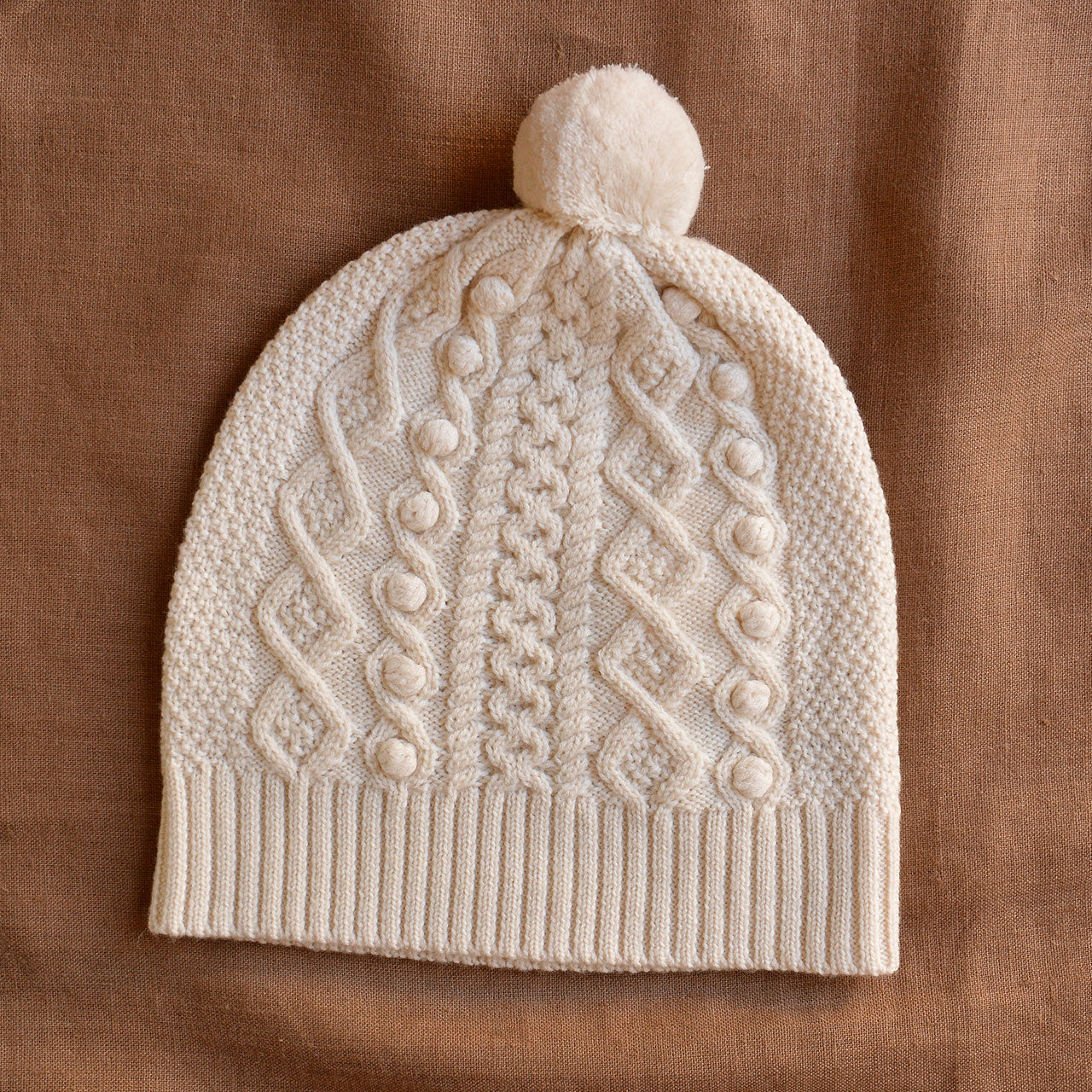 Aran Knit Pom Pom Beanie - 100% Merino (Child-Adults)