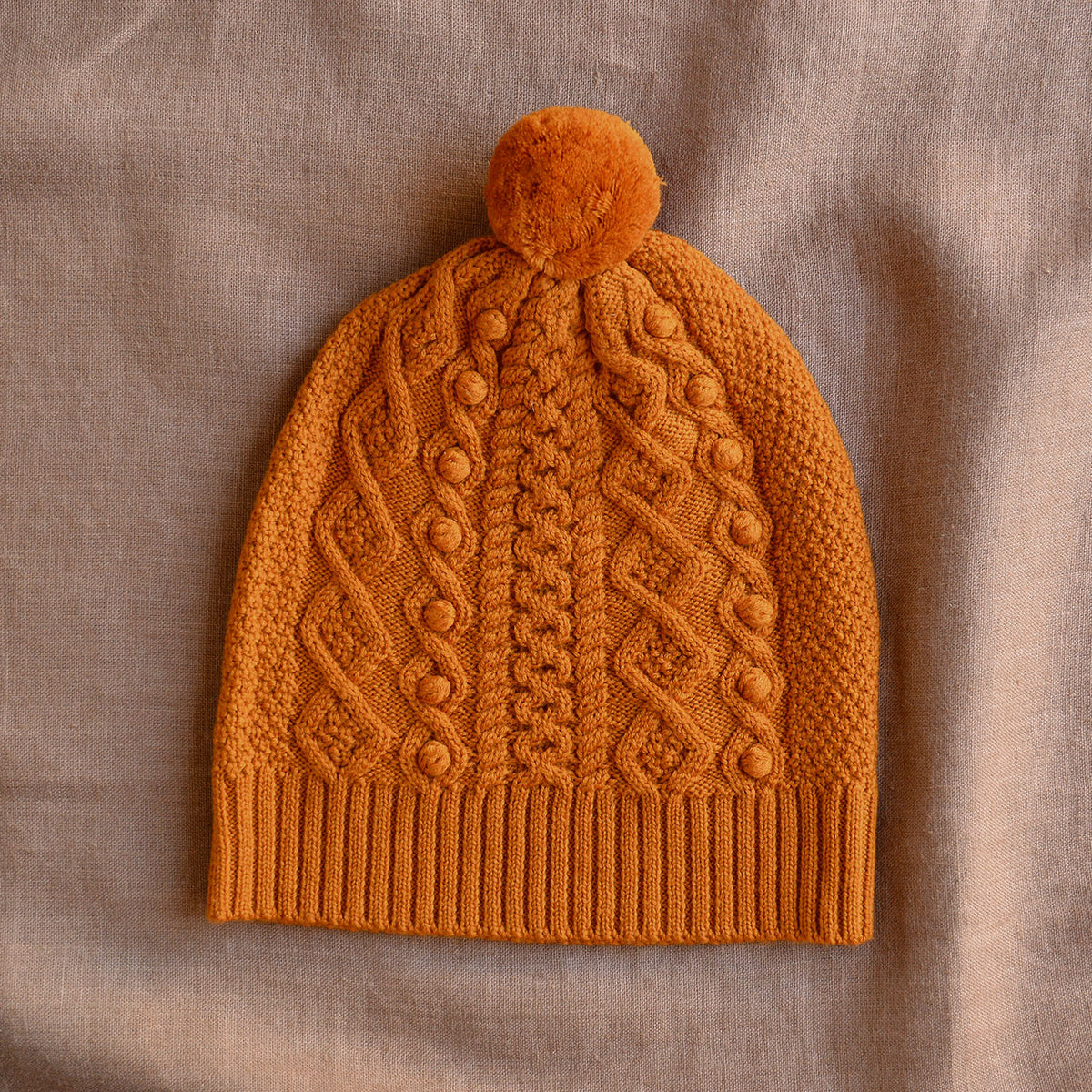 Aran Knit Pom Pom Beanie - 100% Merino (Child-Adults)