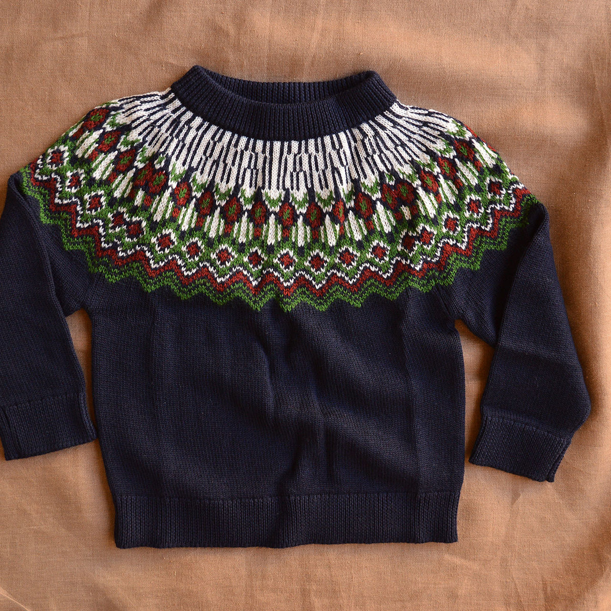 Fair Isle Sweater - 100% Merino - Dark Navy/Green (2-12y+ Teen/Womens XS)